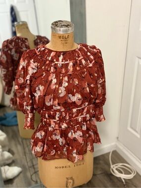 Women's Floral Peasant Blouse - Rust Pink